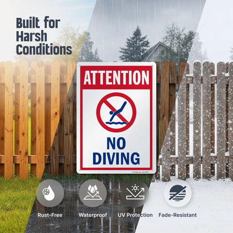 Attention No Diving Pool Sign 14 by 10 Inches Outdoor Aluminum with 40 Mil Lamination Rustproof Red Blue and White Made in USA