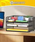 Three Tier Paper Organizer Tray With Handle Mesh Letter Tray For Office Home School Black Sturdy Desk File Organizer setup