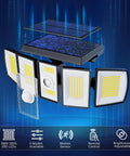 Solar Motion Sensor Flood Lights For Outdoors IP65 Waterproof With Remote Control showing LED layout and features