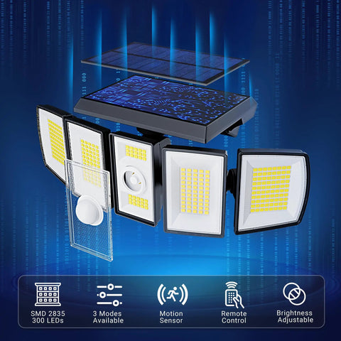 Solar Motion Sensor Flood Lights For Outdoors IP65 Waterproof With Remote Control showing LED layout and features