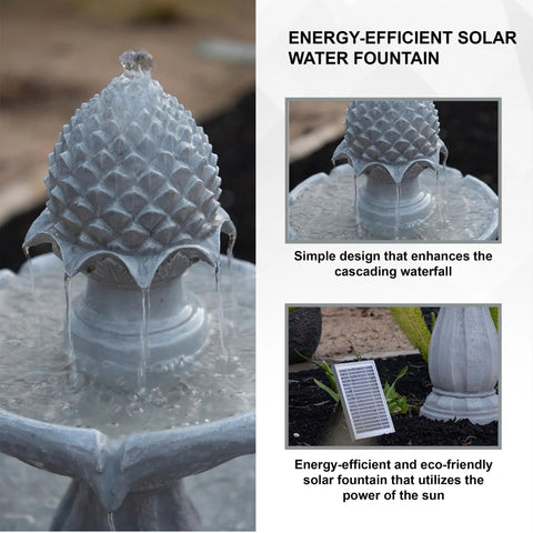 Close-up of Tall White 44 Inch Fiberglass Resin Solar Water Fountain with Panel and Auto Shut Off Pump for Home Garden Yard Decor
