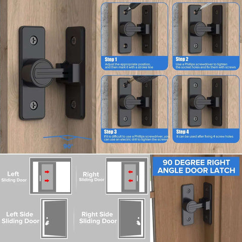 90 Degree Flip Barn Door Lock Heavy Duty Sliding Gate Latch for garden, bathroom, and garage doors, matte black zinc alloy, installation guide.