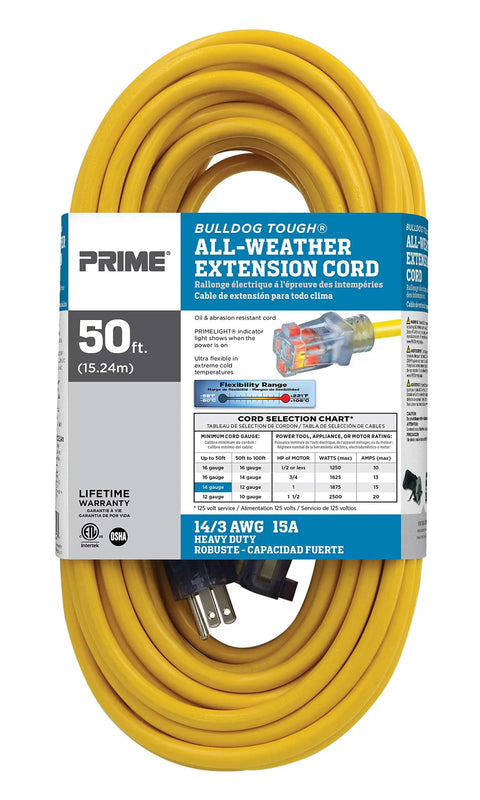 Workhorse Heavy Duty Extension Cord Featuring Nickel Plated Brass Prongs And Complete Oil Proof Waterproof Protection Fifty Foot Ultra Flexible Yellow Line Built For Toughest Job Sites, showcased in bright yellow.