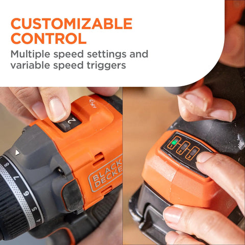 20v Max Cordless Drill And Impact Driver Combo Kit With Brushless Motor showing customizable speed settings and triggers.