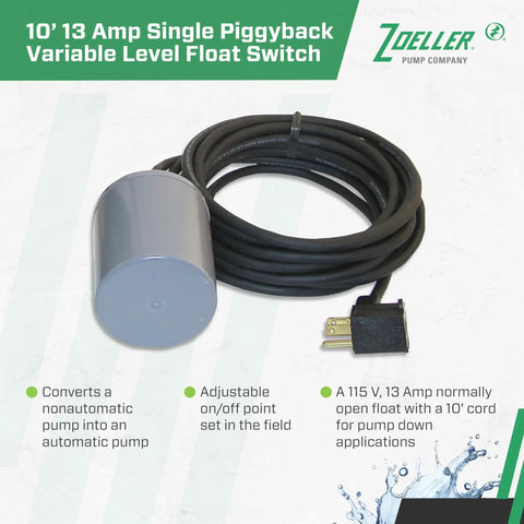 Switch Mate Piggyback Variable Level Float Switch 13 Amp 115 Volt With 10 Foot Cord Converts Pumps To Automatic shown coiled