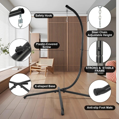 Heavy Duty Hammock Chair Stand Steel C-Stand For Outdoor And Indoor Use, Supports Egg Chairs Or Swings Up To 400 Lbs With Stable X Base