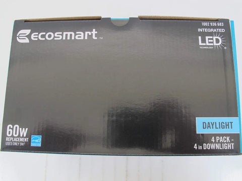 4 Inch White Led Recessed Light Trim 4 Pack 5000K Daylight Can Bulb Upgrade Dimmable box top view with logo and details.