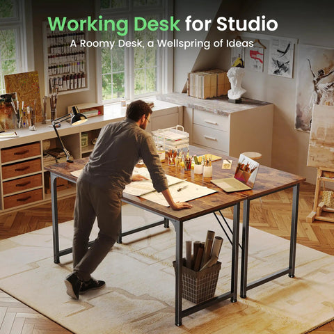 Roomy 55 Inch Home Office Desk for Gaming and Work From Home Setup, rustic brown finish, in a studio setting with art supplies.