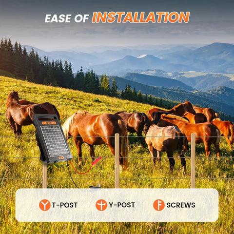 All Day Solar Electric Fence Charger Delivers 0.18 Joule Pulse For Up To 10 Miles Of Fence, Portable Solar Energizer in field with horses
