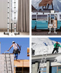 Collage of Twelve Point Five Foot One Button Retraction Telescoping Ladder Aluminum Lightweight Extension Ladder in various outdoor uses