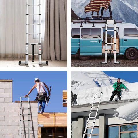 Collage of Twelve Point Five Foot One Button Retraction Telescoping Ladder Aluminum Lightweight Extension Ladder in various outdoor uses