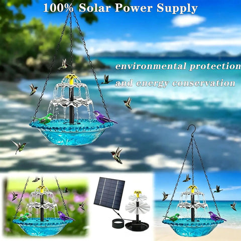 Solar Bird Bath Fountain With Hanging Cascade Water Bowl And Pump Outdoor Garden Decor For Hummingbirds Easy Sun Powered Water Feature That Runs On Direct Sunlight No Batteries Needed Blue in a garden setting