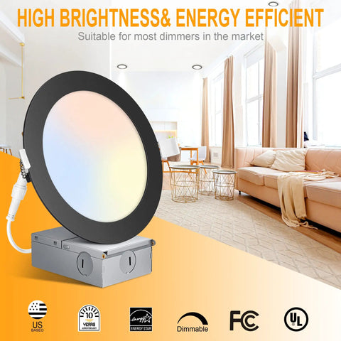 12 Pack 6 Inch Ultra Thin LED Recessed Canless Wafer Downlights With Junction Box 15W 1200 Lumens Five CCT Dimmable Black Finish