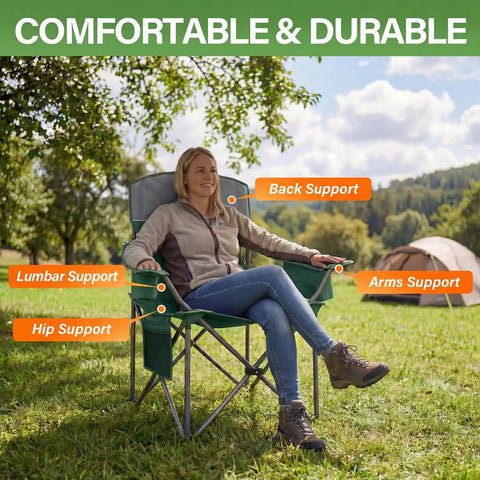 Person sitting in Oversized Camping Chairs 2 Pack With Cooler Bag And Cup Holder Padded Lawn Chairs Heavy Duty 350 Lbs