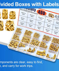 400 Pcs Brass Heat Set Threaded Inserts Kit For Plastic And 3D Printing, M2 To M6 Knurled Female Threaded Nuts in labeled boxes