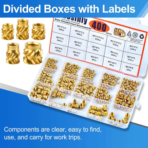 400 Pcs Brass Heat Set Threaded Inserts Kit For Plastic And 3D Printing, M2 To M6 Knurled Female Threaded Nuts in labeled boxes