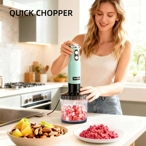 600W 4-In-1 Corded Immersion Blender Handheld Kitchen Mixer With Stainless Steel Attachments Compact Stick Blender in kitchen.