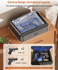 Biometric Gun Safe For Handgun With Four Quick Access Options Fingerprint Scan Full Digital Keypad Backup Key And Phone App Lock shown open with pistols inside, on a nightstand.