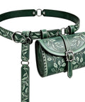 Totally Sick Medieval Renaissance Belt Bag For Women Featuring Green Floral Embossed PU Leather Waist Pouch With Antique Ring Buckle.