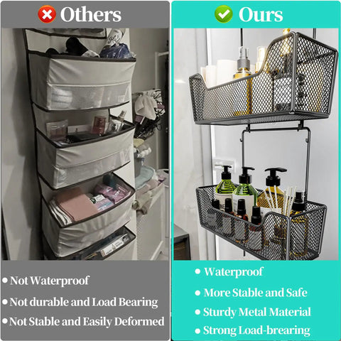 Rock Solid Over The Door Organizer With Four Roomy Metal Baskets And Adjustable Coat Hook for bathroom with sturdy metal construction.
