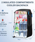 Backpack Cooler Insulated Leakproof Fits 33 Cans With Dual Insulated Compartments Portable Lightweight Beach Travel Lunch Backpack shown with ice and drinks inside, dimensions labeled.