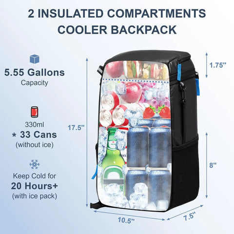 Backpack Cooler Insulated Leakproof Fits 33 Cans With Dual Insulated Compartments Portable Lightweight Beach Travel Lunch Backpack shown with ice and drinks inside, dimensions labeled.