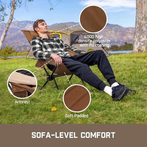 Man relaxing in Zeta L8 Max Camping Chair With Carry Bag, ultra portable lightweight kickback rocking chair with 25 degree tilt.