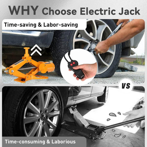 Electric Scissor Car Jack Kit 3 Ton 12V Portable Auto Lift With 17.7 Inch Lift Range for SUV and Sedan in use with tire change