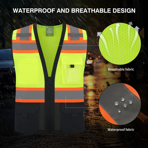 Heavy Duty Class 2 High Visibility Reflective Safety Vest With Zip Front And Five Pockets Ansi Certified Workgear showcasing waterproof and breathable design.