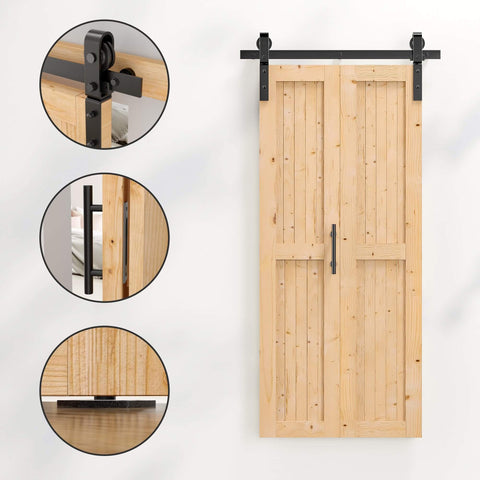 Bi-Fold Barn Door Set 48 By 84 Inches With 52 Inch Bifold Hardware Kit For Two Doors No Assembly No Fuss Setup Solid Spruce Wood Folding Doors And Double Sided Handle Pulls Included, displayed with focus on hardware details.