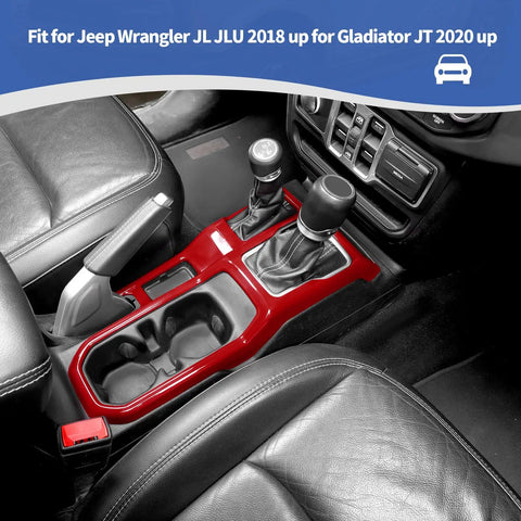 Red Gear Shift Cover And 4WD Shift Knob Trim Panel Kit For Jeep Wrangler JL JLU Gladiator JT 2018 2024 installed in car interior