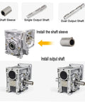 Installation steps for RV030 Worm Gearbox Square Type Reducer 30 to 1 For NEMA23 Stepper Or Servo Motors, showing shaft sleeve and output shafts.