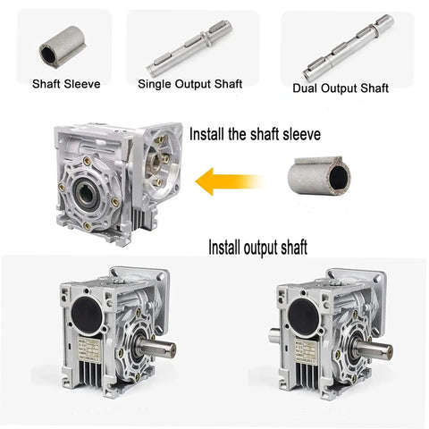 NMRV030 Worm Gearbox 25 To 1 Square Type Reducer for Nema23 with shaft sleeve, single, and dual output shafts installation guide.