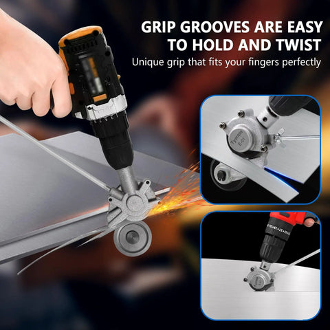 Heavy Duty Electric Drill Plate Cutter Nibbler Attachment For Sheet Metal Shearing used with a drill on metallic sheet.