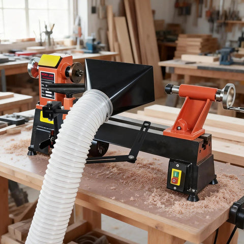 Universal Lathe Dust Hood With Adjustable Stand For Pro Grade Dust Extraction Woodworking Lathe Accessory mounted on a lathe.