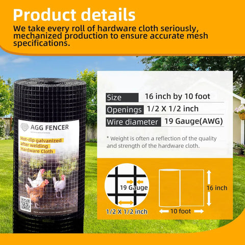 Black Hardware Cloth 16 Inch By 10 Foot PVC Coated Wire Mesh 1/2 Inch 19 Gauge Welded Metal Chicken Wire Fence Roll product details
