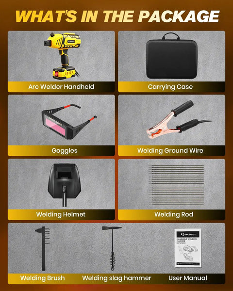 Ultra Portable 110V Handheld Stick Welder With IGBT Inverter, accessories including goggles, helmet, wires, rods, and case.