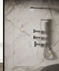 Shower setup with Parallel SF 2.5 GPM Showerhead in polished chrome, single function unit on marble wall
