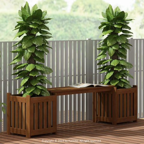 Two In One Planter Bench Set With Premium Hardwood Planters Outdoor Garden Bench For Patio Porch Balcony Or Backyard Two 15.8 Inch Square Boxes Connected By A 40.5 Inch Seat Create A Space Saving Versatile Floral Display, shown with lush green plants.
