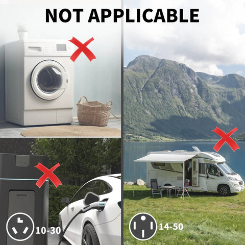 Image showing appliances like a washer and EV charger marked as not applicable for Built Tough To Take The Heat 12 AWG 25 FT Welder Extension Cord.