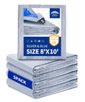 8x10 Feet Tarps Pack Of 5 Heavy Duty 5.5 Mil Waterproof Poly Tarp With Metal Grommets And Reinforced Edges Silver Blue Multipurpose Cover For Outdoor Use Camping Workshop Beach And DIY Projects in packaging