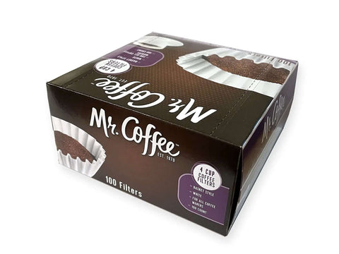 Four Cup Coffee Filters, 100 Count For JR-4 Coffee Maker box, showing packaging and coffee filters for 4 cup machines.