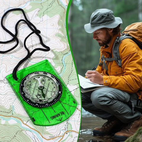 50 Pack Orienteering Compasses For Hiking And Navigation, Acrylic Baseplate Style with hiker reading map, bright yellow