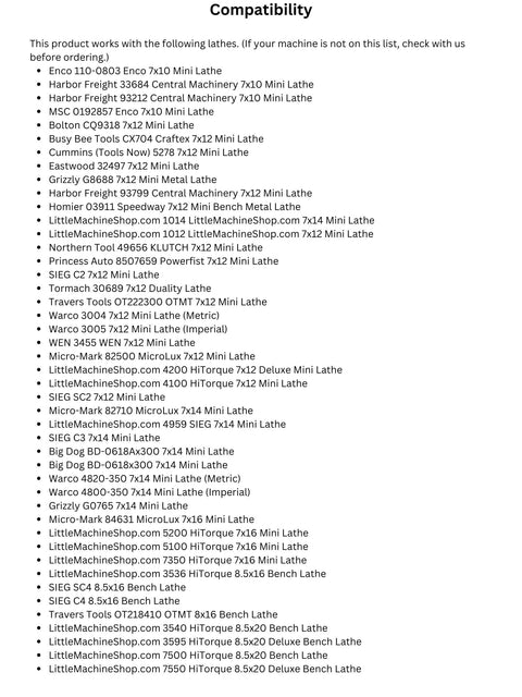 Compatibility list page showing mini and bench lathe models compatible with wood turning tool rests and centers.