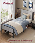 Solid Twin Bed Frame With Hella Comfy Upholstered Headboard And Sleek Metal Footboard Modern Bedroom Essentials set in a cozy bedroom.