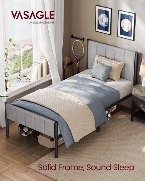 Solid Twin Bed Frame With Hella Comfy Upholstered Headboard And Sleek Metal Footboard Modern Bedroom Essentials set in a cozy bedroom.