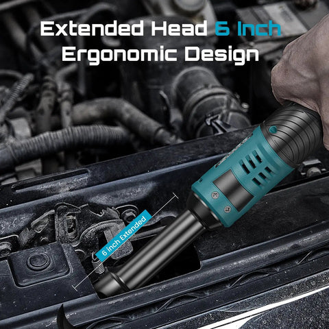 Extended Cordless Electric Ratchet Wrench With Six Inch Long Neck Three Eighth Inch Drive used in car engine bay.
