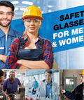 Visitor Safety Glasses For Men And Women With Wraparound Polycarbonate Lenses, ANSI Z87 Certified For Shooting Range And Lab Use, Anti Scratch Outdoor Goggles, Clear 1 Pack. Individuals working in industrial and lab settings wearing protective eyewear.