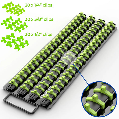 Grab And Go Portable Socket Organizer Tray With Black Rails And Green Clips That Holds Eighty Sockets A Pro Grade Socket Holder