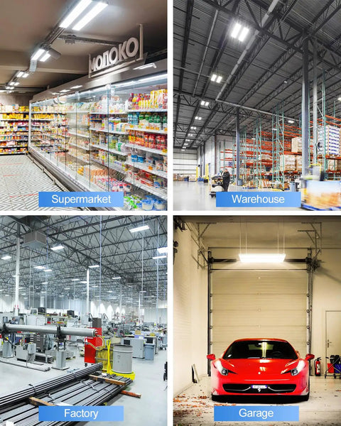 Adjustable Wattage LED High Bay Light 150W 120W 90W, 1.3Ft Linear Hanging Warehouse Lamp installed in supermarket and warehouse.